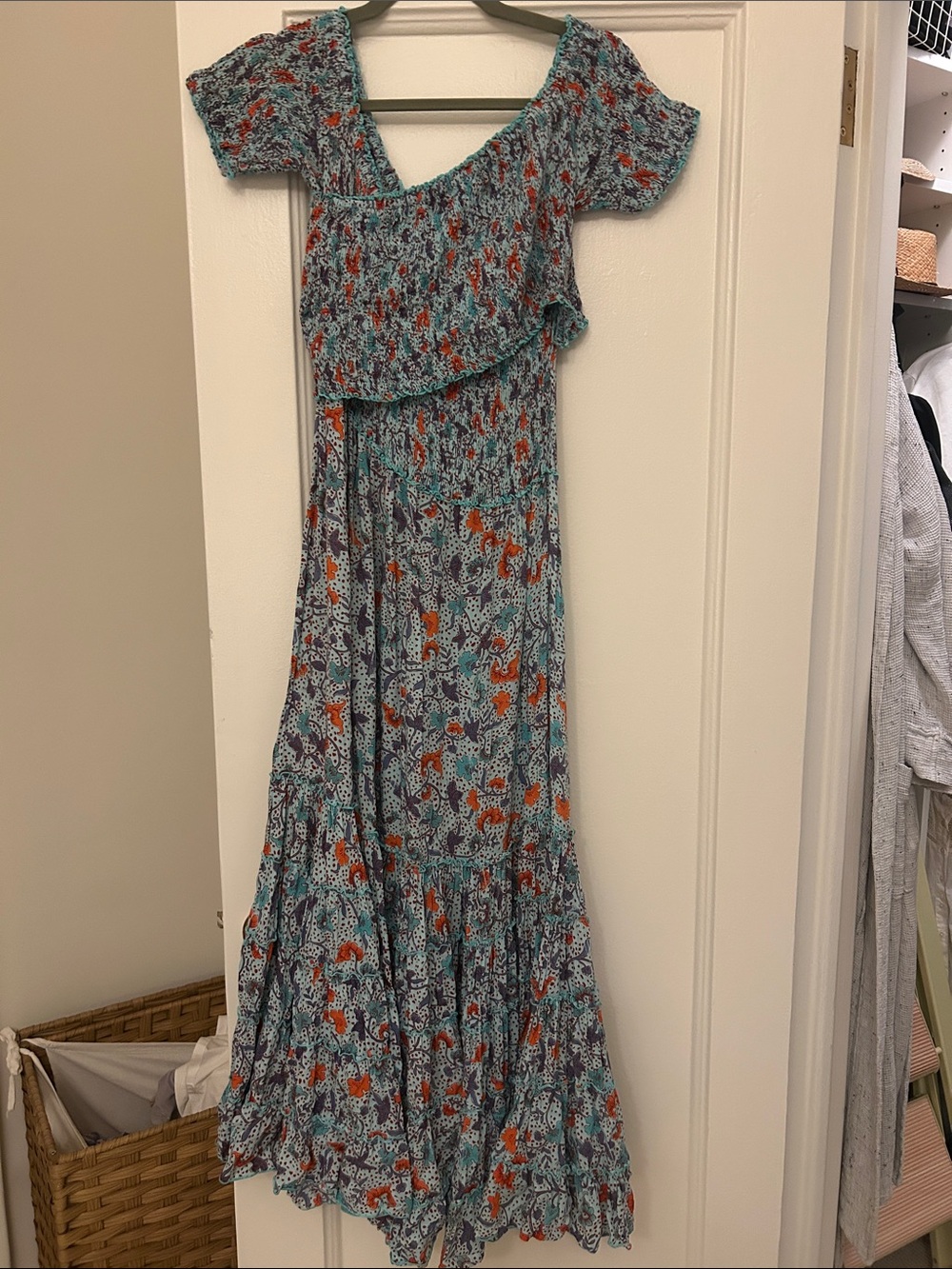 Polpette st barth Smocked Off-Shoulder Floral Maxi Dress in Teal and Orange